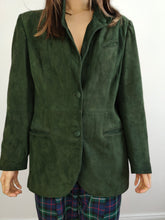Load image into Gallery viewer, The Green Suede Leather Blazer Jacket | Vintage real suede leather jacket fitted women S
