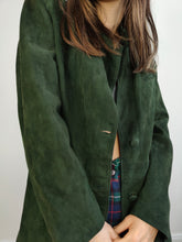 Load image into Gallery viewer, The Green Suede Leather Blazer Jacket | Vintage real suede leather jacket fitted women S
