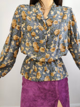 Load image into Gallery viewer, The Silk Grey Floral Peplum Blouse | Vintage silk long sleeve flower print pattern women blouse beige yellow orange S
