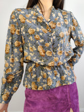 Load image into Gallery viewer, The Silk Grey Floral Peplum Blouse | Vintage silk long sleeve flower print pattern women blouse beige yellow orange S
