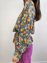 Load image into Gallery viewer, The Silk Grey Floral Peplum Blouse | Vintage silk long sleeve flower print pattern women blouse beige yellow orange S
