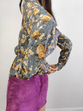 Load image into Gallery viewer, The Silk Grey Floral Peplum Blouse | Vintage silk long sleeve flower print pattern women blouse beige yellow orange S
