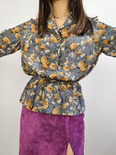 Load image into Gallery viewer, The Silk Grey Floral Peplum Blouse | Vintage silk long sleeve flower print pattern women blouse beige yellow orange S
