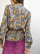 Load image into Gallery viewer, The Silk Grey Floral Peplum Blouse | Vintage silk long sleeve flower print pattern women blouse beige yellow orange S
