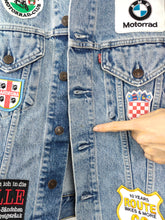 Load image into Gallery viewer, The Levi&#39;s Patches Blue Denim Sleeveless Vest | Vintage Levi&#39;s patch badges BMW Motor jeans waistcoat jacket men unisex women L

