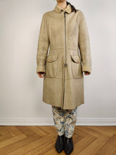 Load image into Gallery viewer, The CK Cream Shearling Midi Coat | Vintage designer Calvin Klein faux leather sheepskin sherpa winter jacket beige off white ivory mid length S
