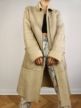 Load image into Gallery viewer, The CK Cream Shearling Midi Coat | Vintage designer Calvin Klein faux leather sheepskin sherpa winter jacket beige off white ivory mid length S
