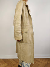 Load image into Gallery viewer, The CK Cream Shearling Midi Coat | Vintage designer Calvin Klein faux leather sheepskin sherpa winter jacket beige off white ivory mid length S

