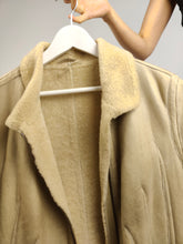 Load image into Gallery viewer, The CK Cream Shearling Midi Coat | Vintage designer Calvin Klein faux leather sheepskin sherpa winter jacket beige off white ivory mid length S
