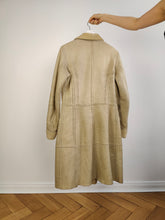 Load image into Gallery viewer, The CK Cream Shearling Midi Coat | Vintage designer Calvin Klein faux leather sheepskin sherpa winter jacket beige off white ivory mid length S
