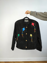 Load image into Gallery viewer, The 80s Dino&#39;z Suede Leather Black Kite Jacket | Vintage real leather patchwork embroidery blazer short jacket D38 I44 S
