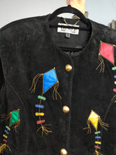 Load image into Gallery viewer, The 80s Dino&#39;z Suede Leather Black Kite Jacket | Vintage real leather patchwork embroidery blazer short jacket D38 I44 S

