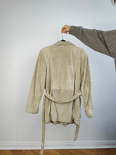 Load image into Gallery viewer, The Suede Leather Cream Ivory Jacket | Vintage 90s 1957 real leather waist tie off white beige trench S-M
