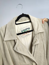 Load image into Gallery viewer, The Suede Leather Cream Ivory Jacket | Vintage 90s 1957 real leather waist tie off white beige trench S-M
