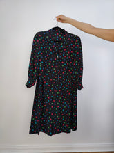 Load image into Gallery viewer, The Silk Black Floral Pattern Dress | Vintage flower petite fleurs print midi long sleeve dress S-M
