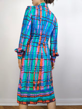 Load image into Gallery viewer, The Blue Wild Print Dress | Vintage pattern midi long long sleeve stretchy fabric dress S
