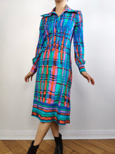 Load image into Gallery viewer, The Blue Wild Print Dress | Vintage pattern midi long long sleeve stretchy fabric dress S
