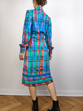 Load image into Gallery viewer, The Blue Wild Print Dress | Vintage pattern midi long long sleeve stretchy fabric dress S
