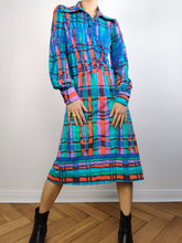 Load image into Gallery viewer, The Blue Wild Print Dress | Vintage pattern midi long long sleeve stretchy fabric dress S
