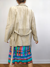 Load image into Gallery viewer, The Suede Leather Cream Ivory Jacket | Vintage 90s 1957 real leather waist tie off white beige trench S-M
