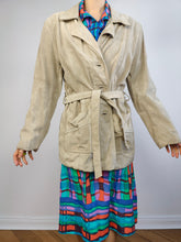 Load image into Gallery viewer, The Suede Leather Cream Ivory Jacket | Vintage 90s 1957 real leather waist tie off white beige trench S-M
