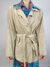 Load image into Gallery viewer, The Suede Leather Cream Ivory Jacket | Vintage 90s 1957 real leather waist tie off white beige trench S-M
