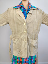 Load image into Gallery viewer, The Suede Leather Cream Ivory Jacket | Vintage 90s 1957 real leather waist tie off white beige trench S-M
