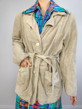 Load image into Gallery viewer, The Suede Leather Cream Ivory Jacket | Vintage 90s 1957 real leather waist tie off white beige trench S-M

