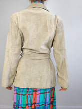 Load image into Gallery viewer, The Suede Leather Cream Ivory Jacket | Vintage 90s 1957 real leather waist tie off white beige trench S-M
