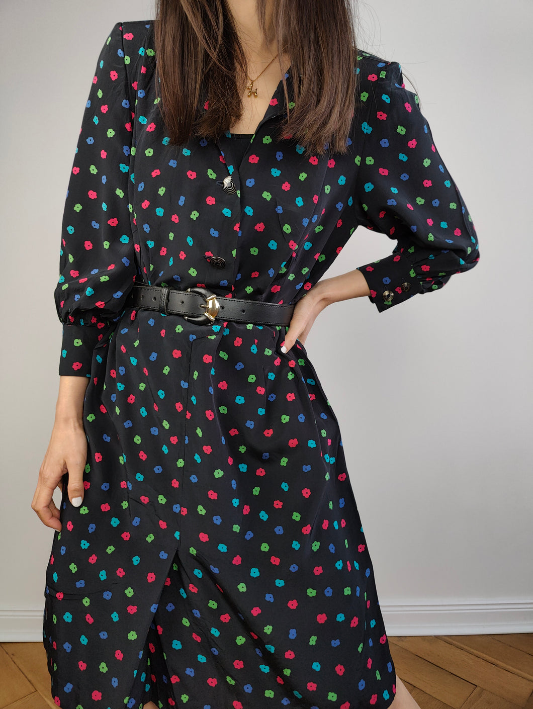 The Silk Black Floral Pattern Dress | Vintage flower petite fleurs print midi long sleeve dress S-M