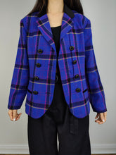 Load image into Gallery viewer, The Blue Purple Tartan Check Blazer | Vintage Dani Max Lois Snyder velvet collar purple checker print pattern plaid jacket S
