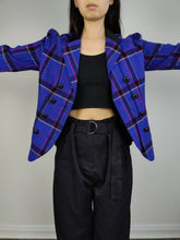 Load image into Gallery viewer, The Blue Purple Tartan Check Blazer | Vintage Dani Max Lois Snyder velvet collar purple checker print pattern plaid jacket S
