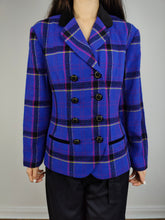 Load image into Gallery viewer, The Blue Purple Tartan Check Blazer | Vintage Dani Max Lois Snyder velvet collar purple checker print pattern plaid jacket S
