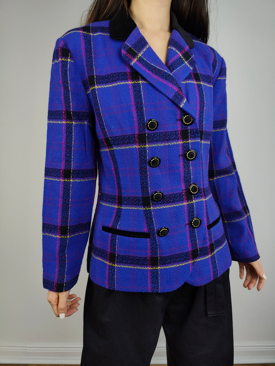 The Blue Purple Tartan Check Blazer | Vintage Dani Max Lois Snyder velvet collar purple checker print pattern plaid jacket S