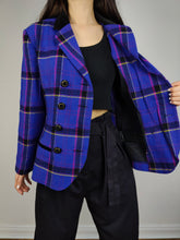 Load image into Gallery viewer, The Blue Purple Tartan Check Blazer | Vintage Dani Max Lois Snyder velvet collar purple checker print pattern plaid jacket S
