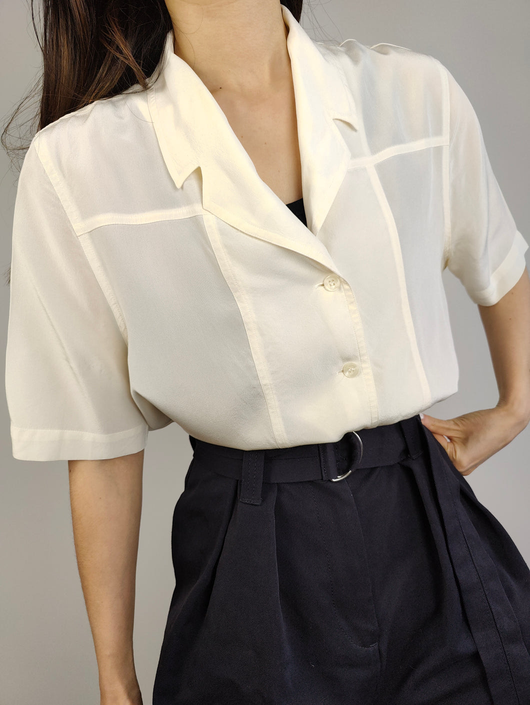 The Silk Cream Plain Short Sleeve Blouse | Vintage Cherie Salso Maggione shirt white ivory creme beige women M