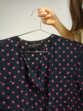 Load image into Gallery viewer, The Blue Pink Polka Dot Pattern Dress | Vintage Marcello Corazessi made in Italy navy pink dots print midi dress S
