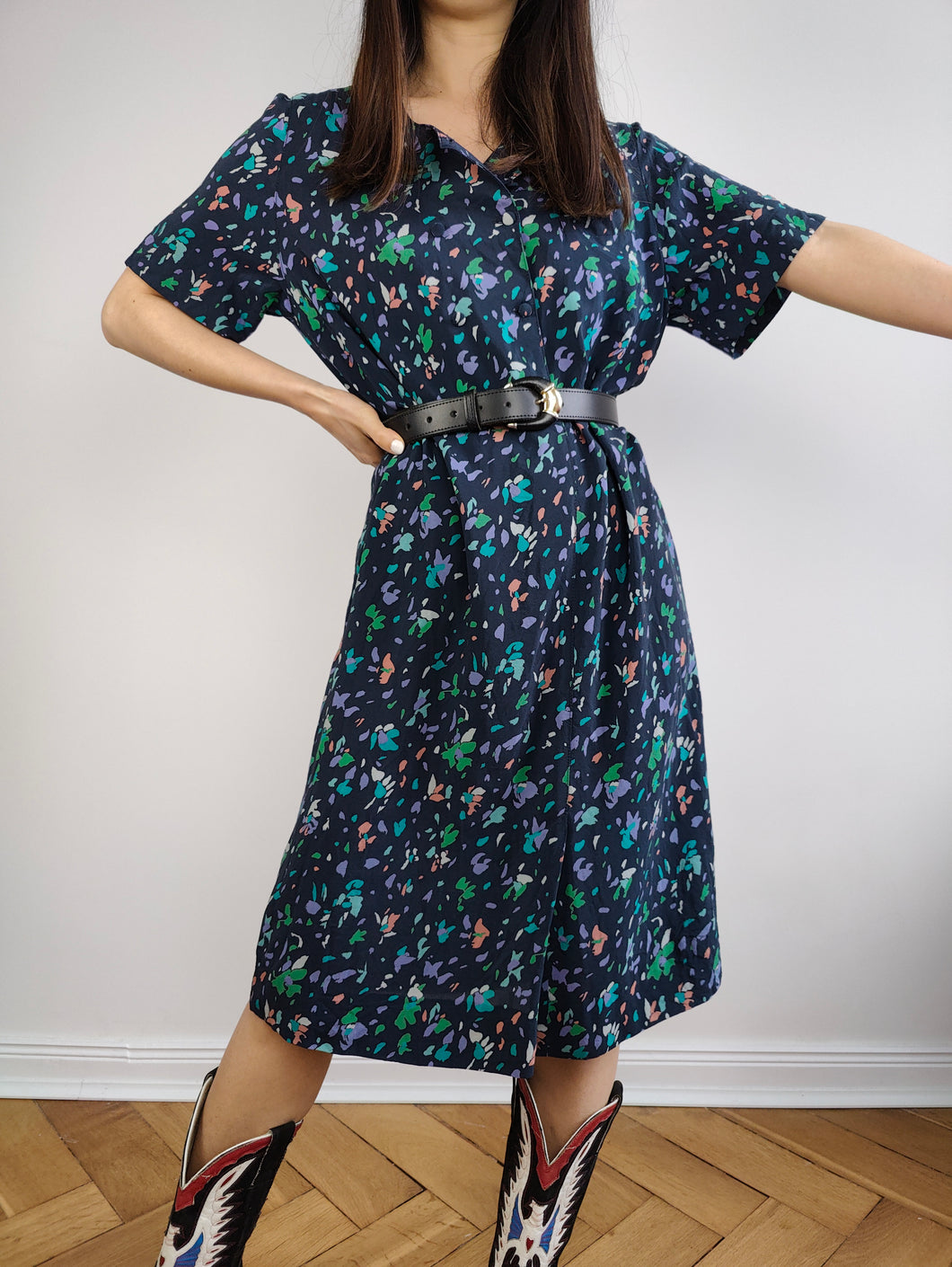 The Silk Blue Speckle Pattern Dress | Vintage Samara by Silene Confezioni made in Italy silk print midi dress S-M