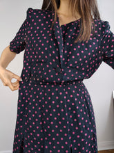 Load image into Gallery viewer, The Blue Pink Polka Dot Pattern Dress | Vintage Marcello Corazessi made in Italy navy pink dots print midi dress S
