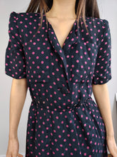 Load image into Gallery viewer, The Blue Pink Polka Dot Pattern Dress | Vintage Marcello Corazessi made in Italy navy pink dots print midi dress S
