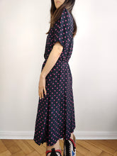 Load image into Gallery viewer, The Blue Pink Polka Dot Pattern Dress | Vintage Marcello Corazessi made in Italy navy pink dots print midi dress S
