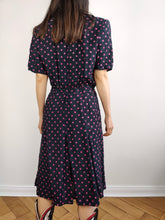 Load image into Gallery viewer, The Blue Pink Polka Dot Pattern Dress | Vintage Marcello Corazessi made in Italy navy pink dots print midi dress S
