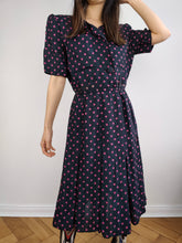 Load image into Gallery viewer, The Blue Pink Polka Dot Pattern Dress | Vintage Marcello Corazessi made in Italy navy pink dots print midi dress S
