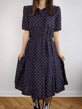 Load image into Gallery viewer, The Blue Pink Polka Dot Pattern Dress | Vintage Marcello Corazessi made in Italy navy pink dots print midi dress S
