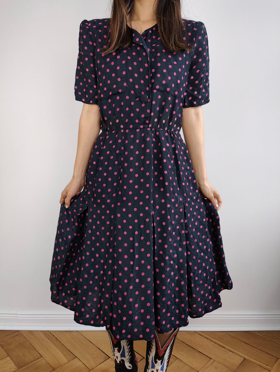 The Blue Pink Polka Dot Pattern Dress | Vintage Marcello Corazessi made in Italy navy pink dots print midi dress S