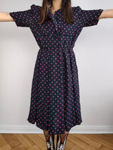 Load image into Gallery viewer, The Blue Pink Polka Dot Pattern Dress | Vintage Marcello Corazessi made in Italy navy pink dots print midi dress S
