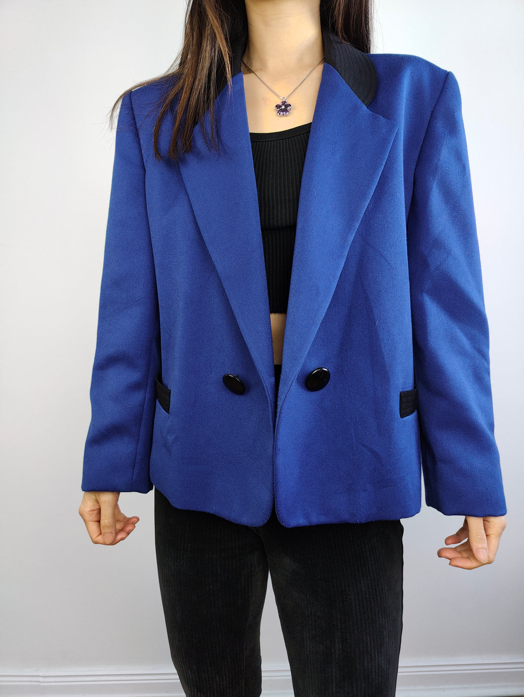 Die Electric Blue Blazer-Jacke | Vintage 80er Max Dine Jacke mit schwarzem Kragen, hergestellt in Italien M