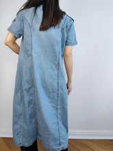 Load image into Gallery viewer, The Light Blue Maxi Denim Dress | Vintage 90s blue jeans spring summer long tight short sleeve shirt dress S

