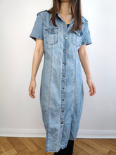 Load image into Gallery viewer, The Light Blue Maxi Denim Dress | Vintage 90s blue jeans spring summer long tight short sleeve shirt dress S
