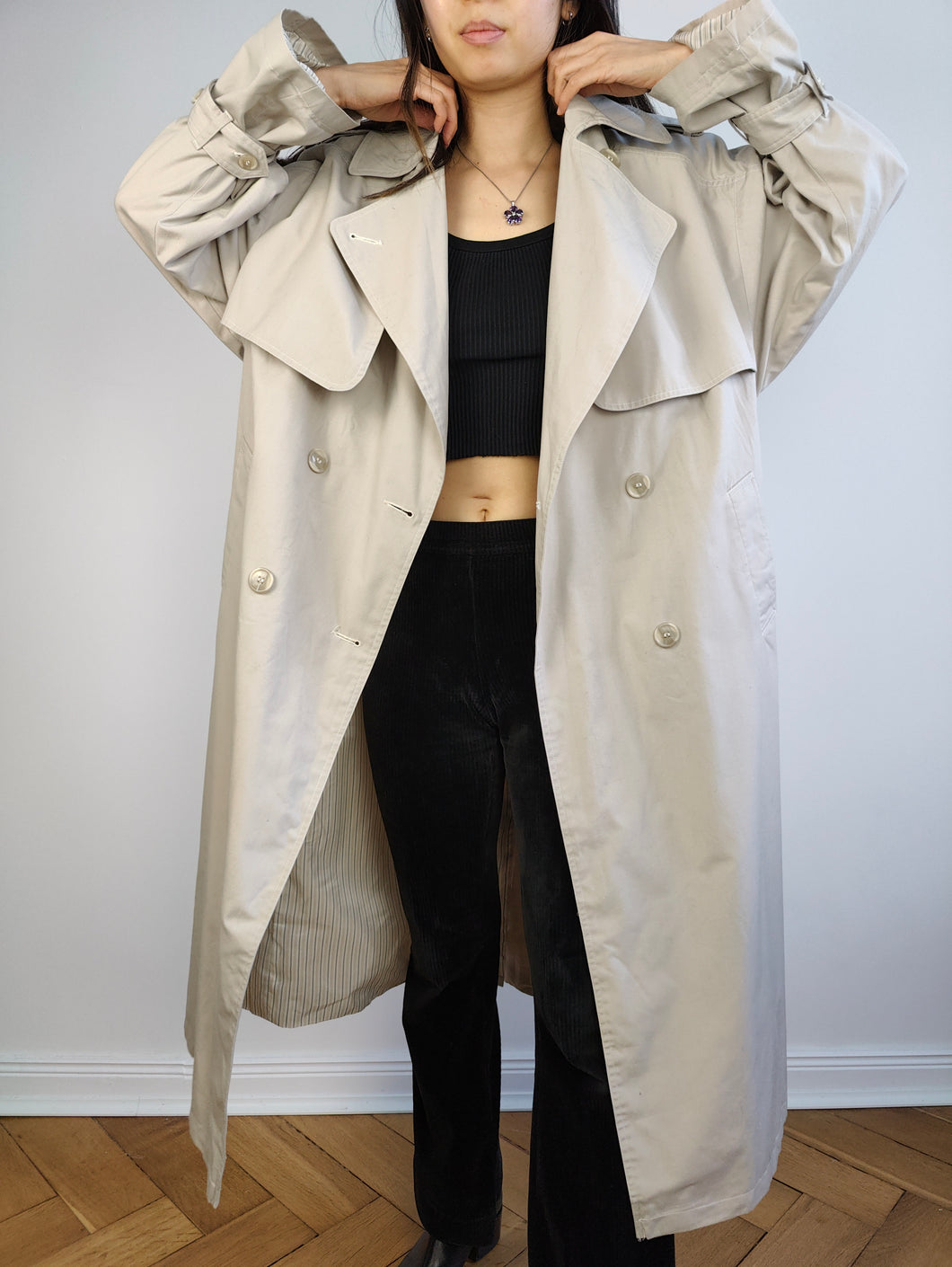 The White Cream Light Trench Coat | Vintage oversized beige ivory long maxi spring summer jacket L